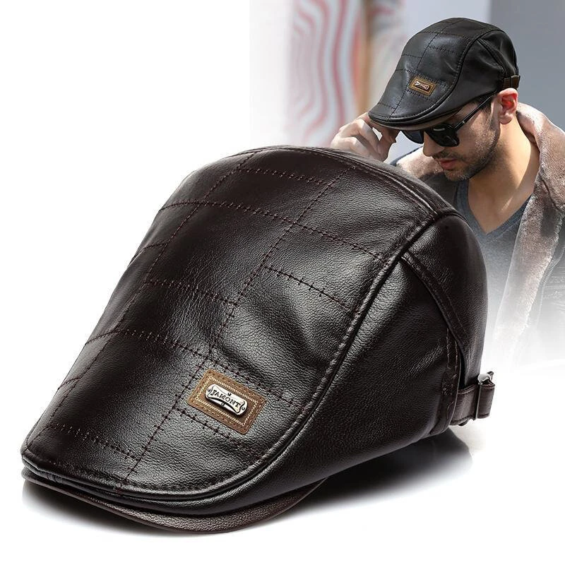 Collrown Vintage Berets Mens PU Leather Beret Hats Autumn Winter Adjustable Hats Men's Visor Warm Flat Peaked Cap Cabbie Hunting Thicken Hat (image for) Collrown Vintage Berets Mens PU Leather Beret Hats Autumn Winter Adjustable Hats Men's Visor Warm Flat Peaked Cap Cabbie Hunting Thicken Hat